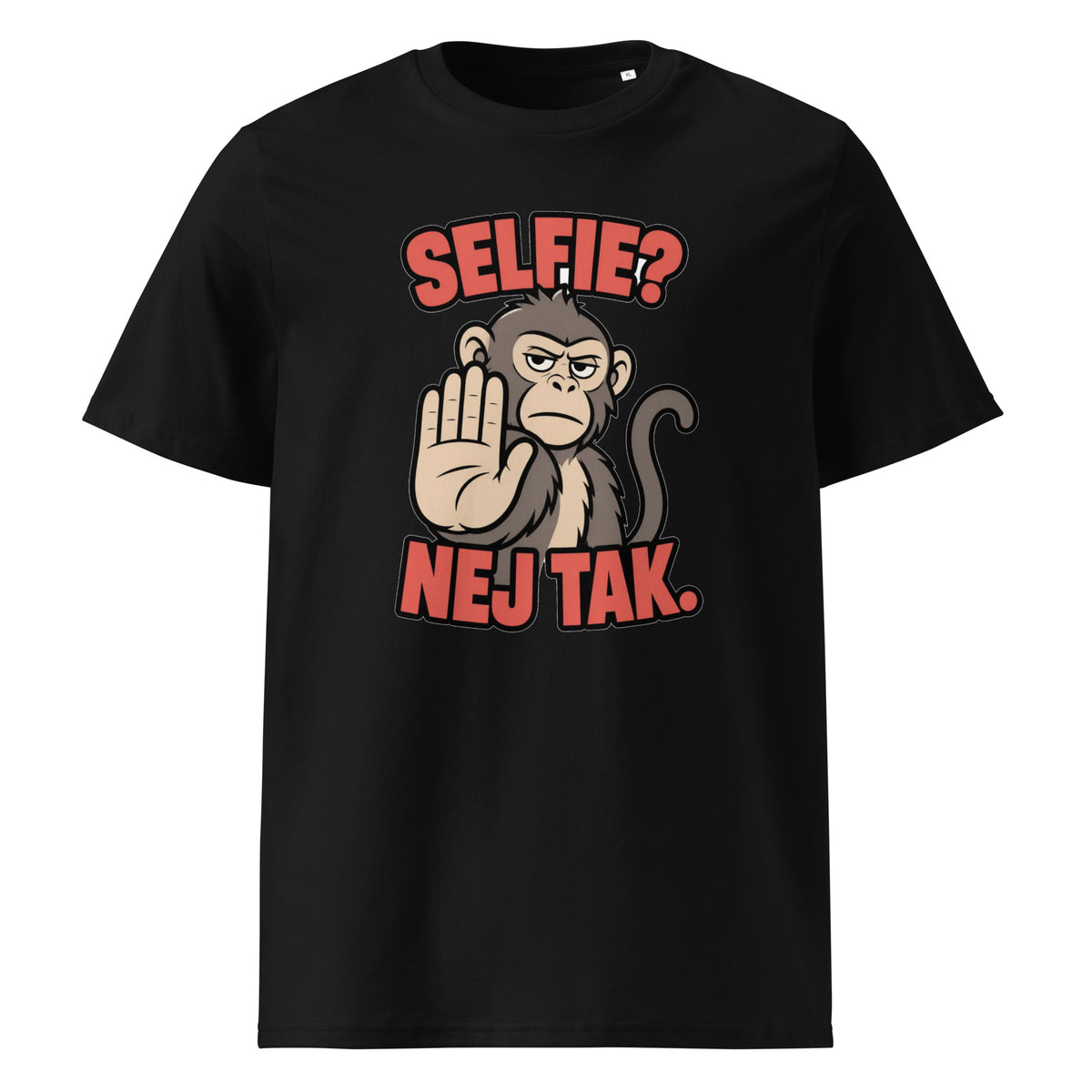 Sjov abe t-shirt med teksten Selfie? Nej tak. i farven sort, set forfra