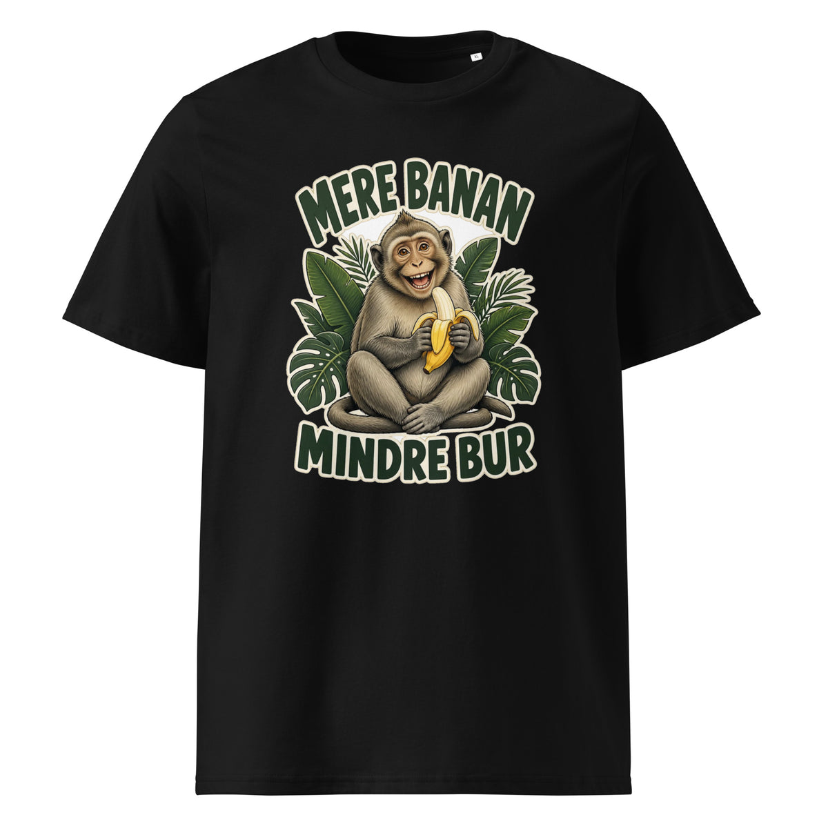 Abe t-shirt med teksten Mere banan, mindre bur i farven sort, set forfra