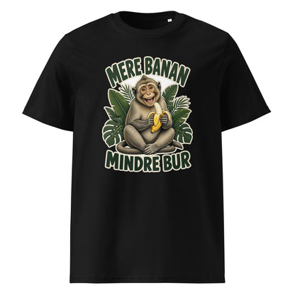Abe t-shirt med teksten Mere banan, mindre bur i farven sort, set forfra