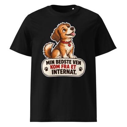 Sort unisex t-shirt med hund og teksten Min bedste ven kom fra et internat