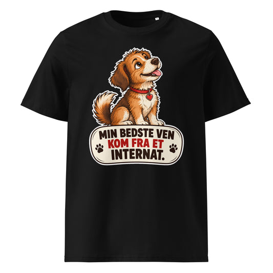 Sort unisex t-shirt med hund og teksten Min bedste ven kom fra et internat