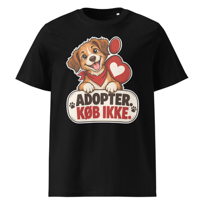 Sort t-shirt med hund og teksten Adopter. Køb ikke