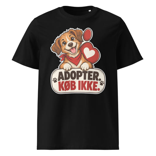 Sort t-shirt med hund og teksten Adopter. Køb ikke