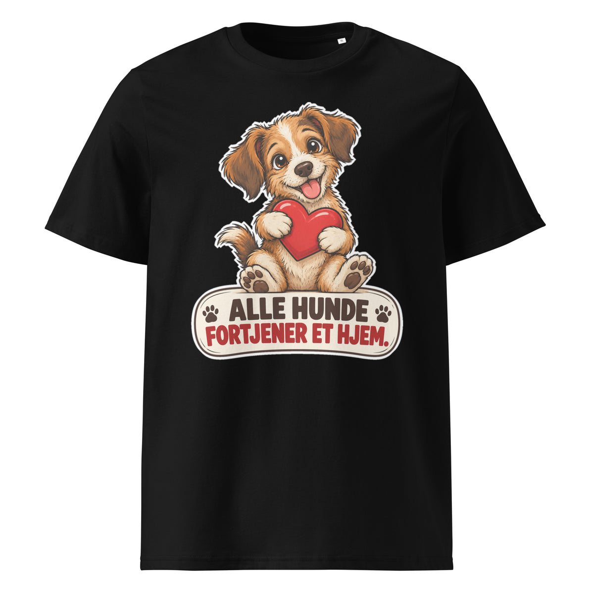 Sort t-shirt med hund og teksten Alle hunde fortjener et hjem