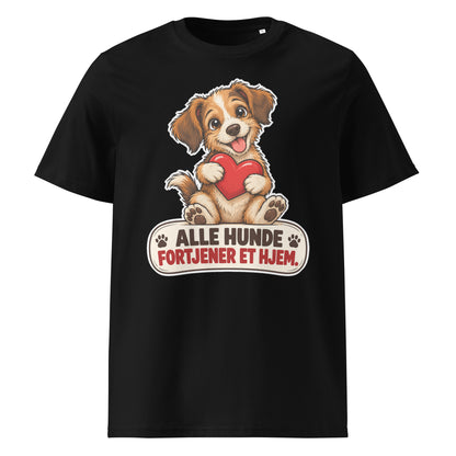 Sort t-shirt med hund og teksten Alle hunde fortjener et hjem