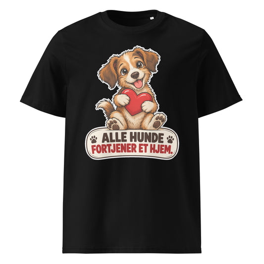 Sort t-shirt med hund og teksten Alle hunde fortjener et hjem