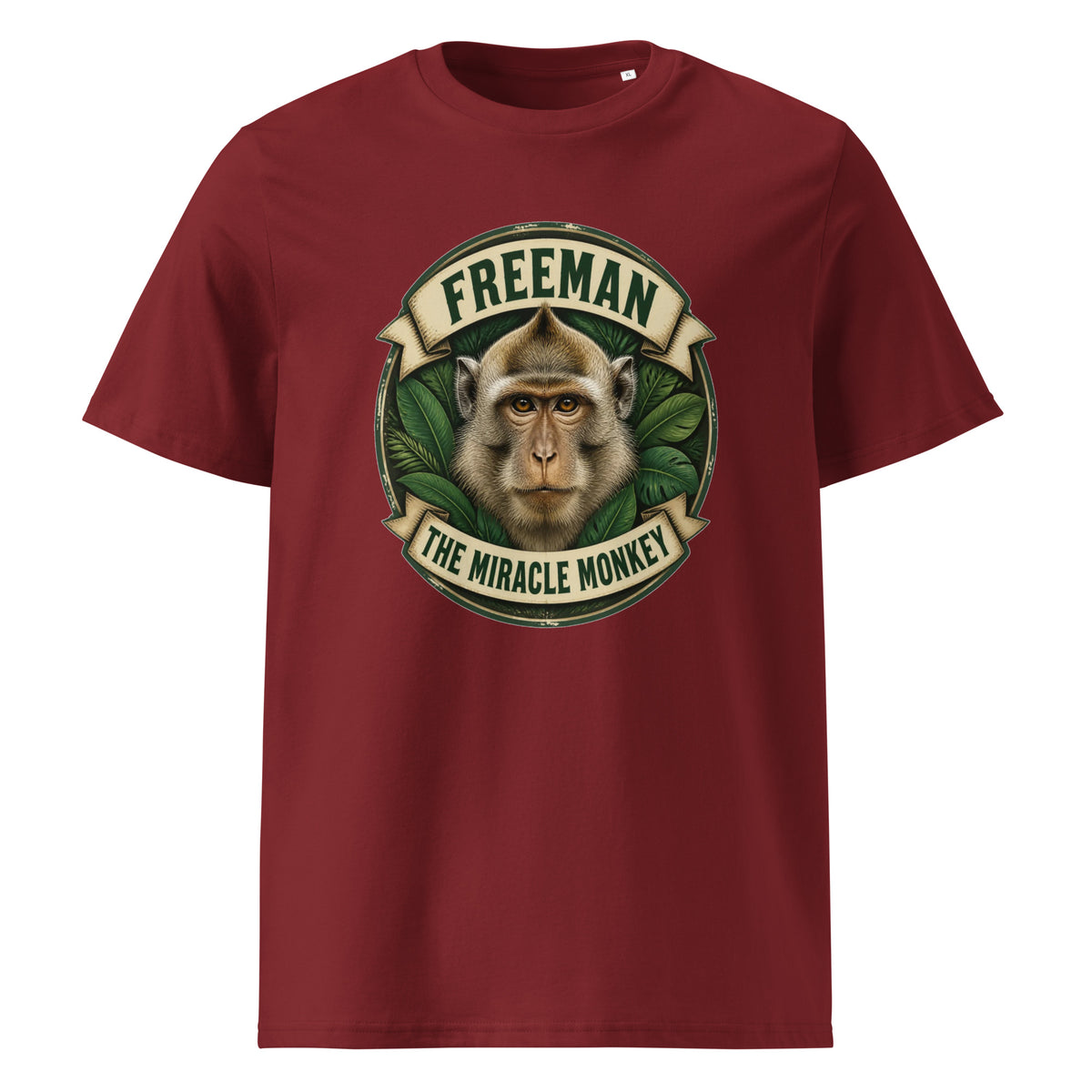 Freeman The Miracle Monkey t-shirt med abe i grønt badge i farven bordeaux, set forfra