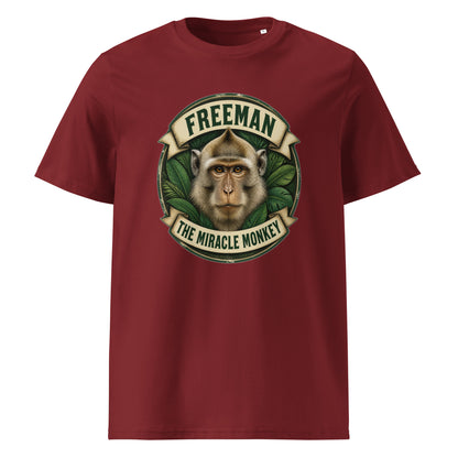 Freeman The Miracle Monkey t-shirt med abe i grønt badge i farven bordeaux, set forfra