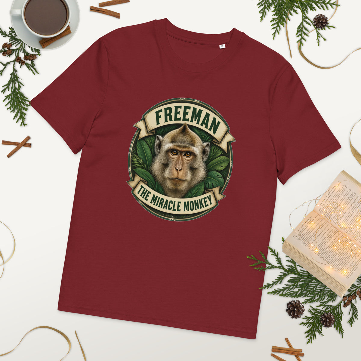 Freeman The Miracle Monkey t-shirt med abe i grønt badge i farven bordeaux, lagt på et bord med kaffe og grønt