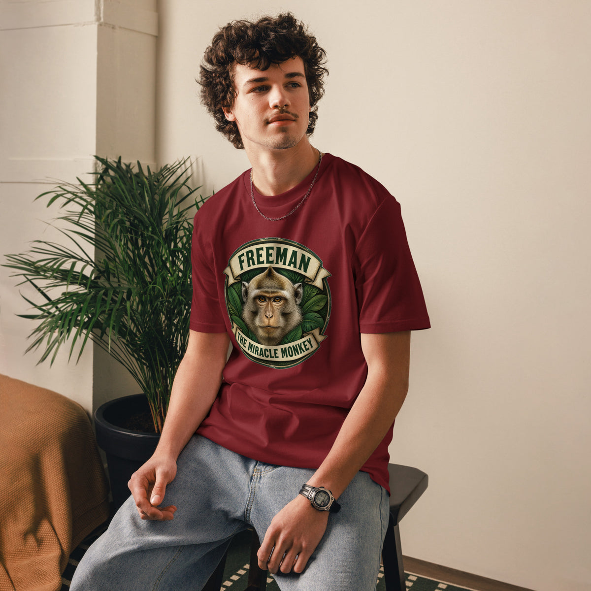 Freeman The Miracle Monkey t-shirt med abe i grønt badge i farven bordeaux, båret af en ung mand