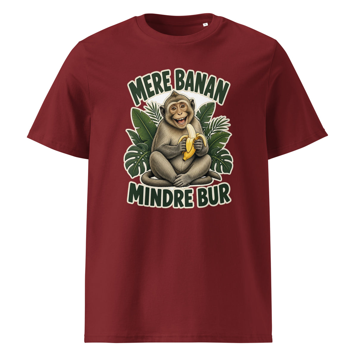 Abe t-shirt med teksten Mere banan, mindre bur i farven bordeaux, set forfra