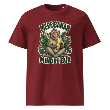 Abe t-shirt med teksten Mere banan, mindre bur i farven bordeaux, set forfra