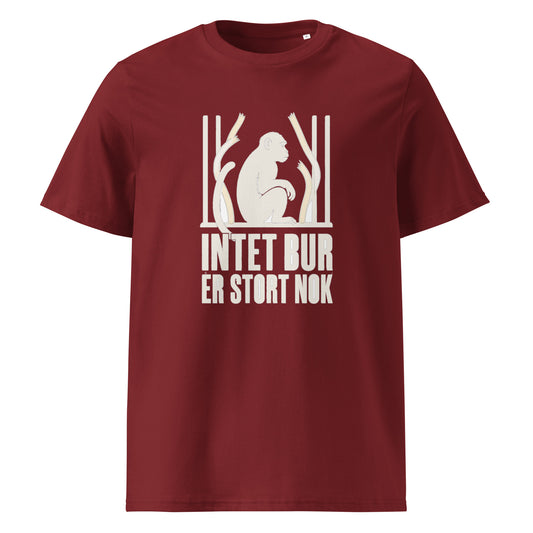 T-shirt med teksten Intet bur er stort nok i farven bordeaux, set forfra