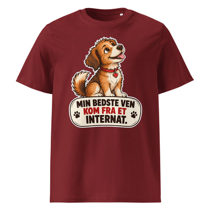 Bordeaux t-shirt med hund og teksten Min bedste ven kom fra et internat