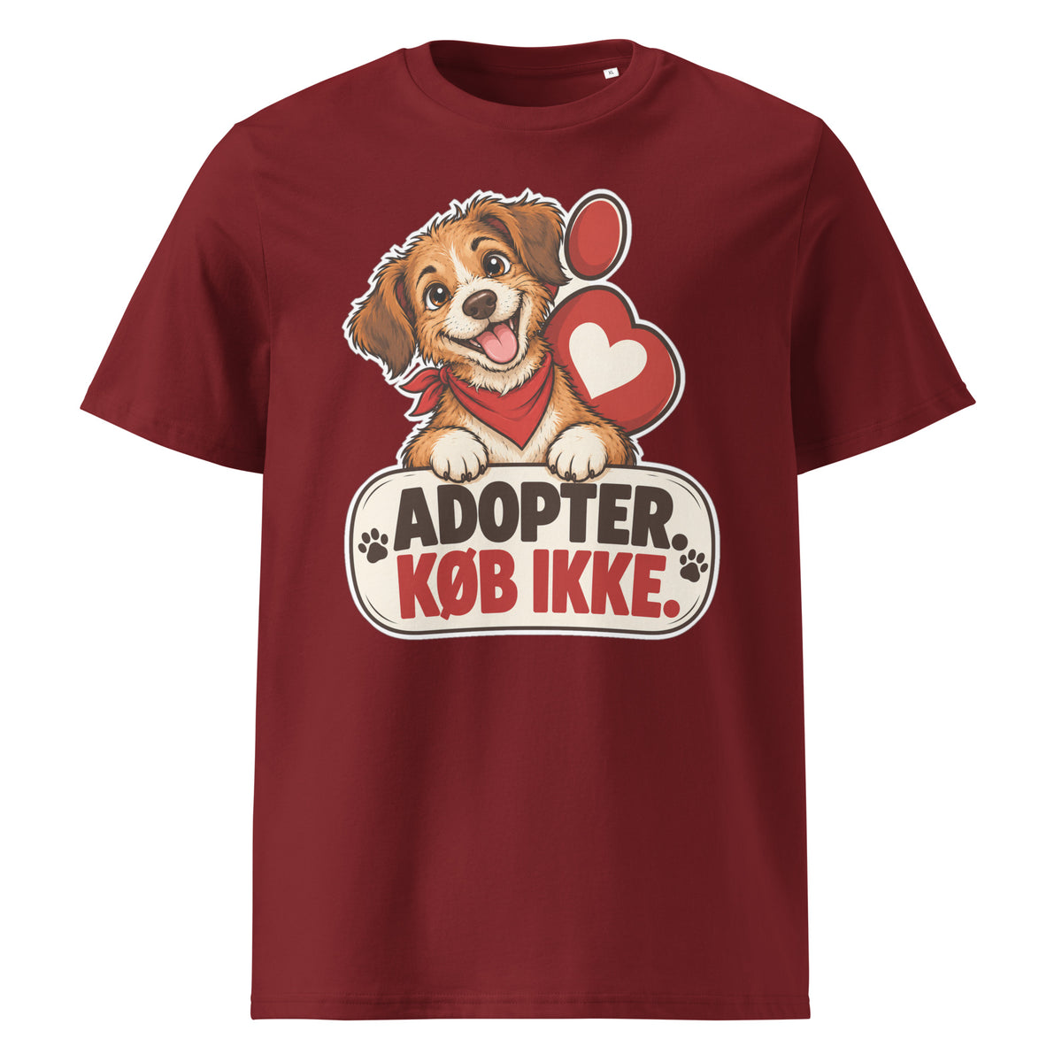 Bordeaux t-shirt med hund og teksten Adopter. Køb ikke