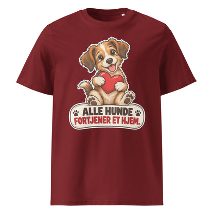 Bordeaux t-shirt med hund og teksten Alle hunde fortjener et hjem