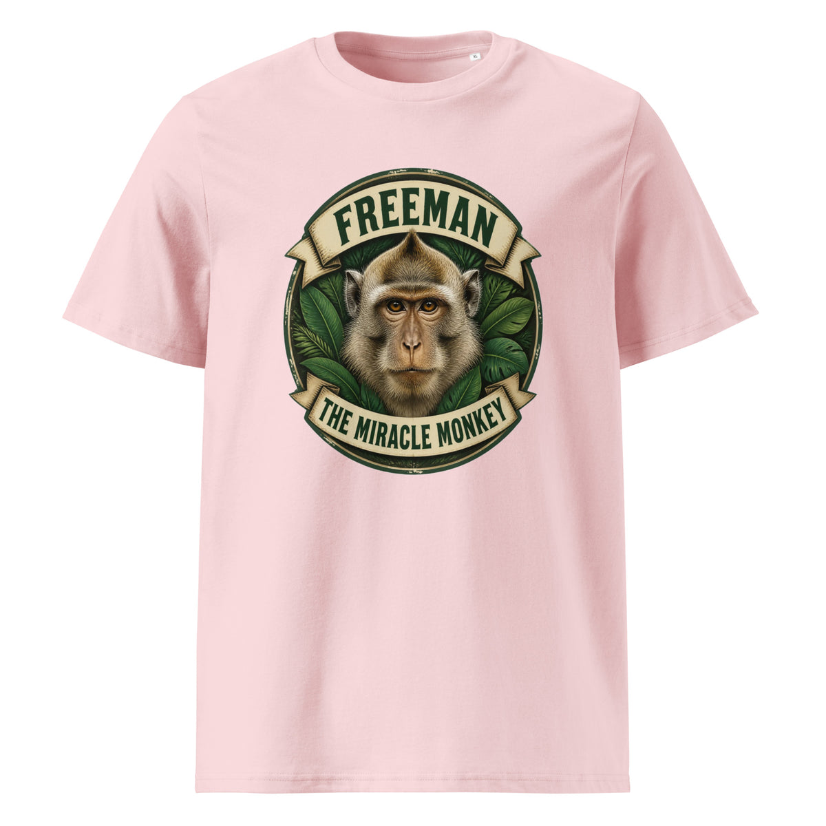 Freeman The Miracle Monkey t-shirt med abe i grønt badge i farven lyserød, set forfra