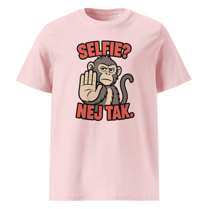 Sjov abe t-shirt med teksten Selfie? Nej tak. i farven lyserød, set forfra