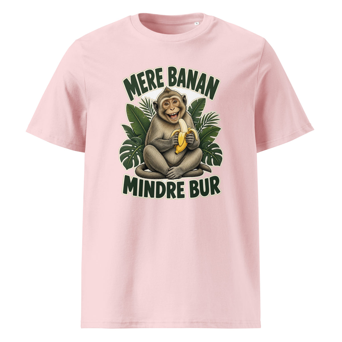Abe t-shirt med teksten Mere banan, mindre bur i farven lyserød, set forfra