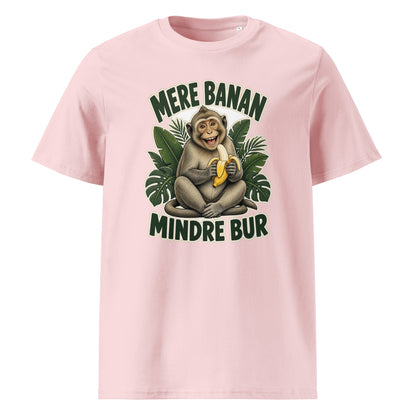 Abe t-shirt med teksten Mere banan, mindre bur i farven lyserød, set forfra