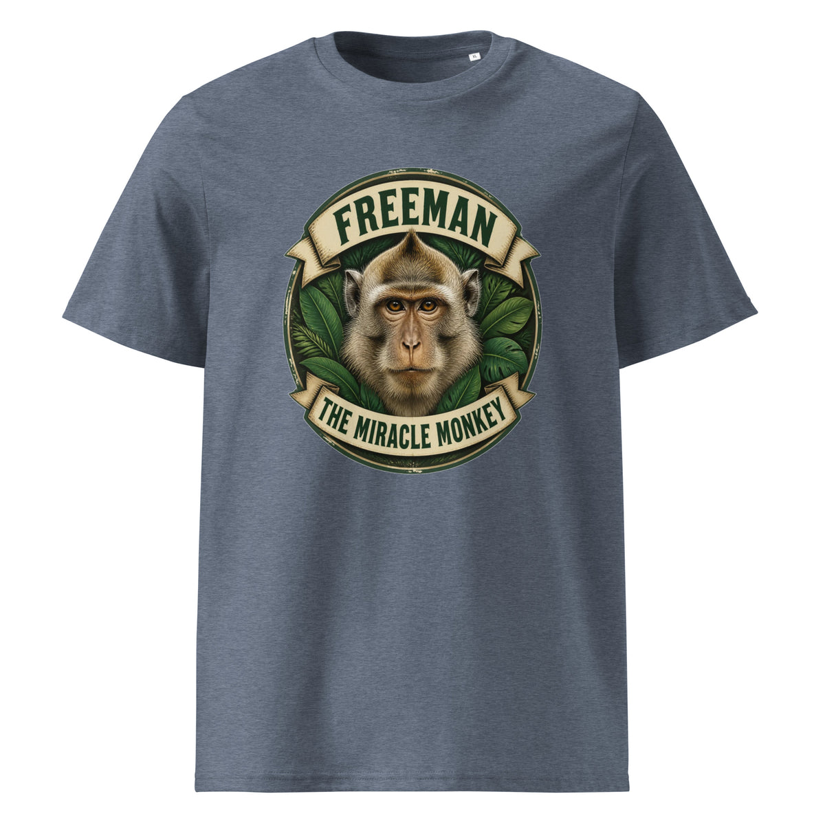 Freeman The Miracle Monkey t-shirt med abe i grønt badge i farven blågrå meleret, set forfra