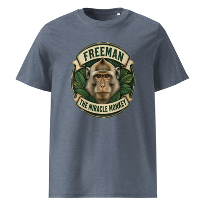 Freeman The Miracle Monkey t-shirt med abe i grønt badge i farven blågrå meleret, set forfra
