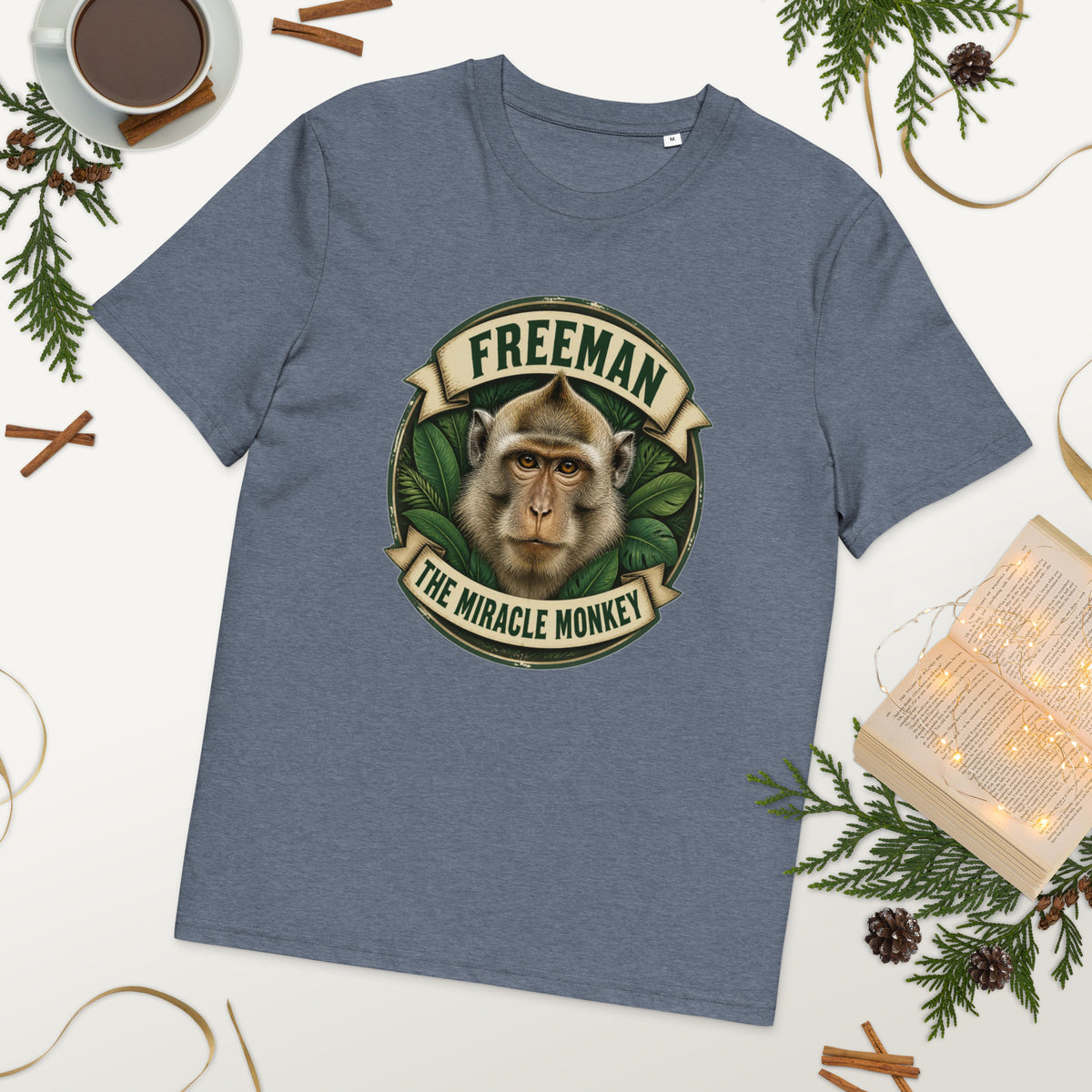 Freeman The Miracle Monkey t-shirt med abe i grønt badge i farven blågrå meleret, lagt på et bord med kaffe og grønt