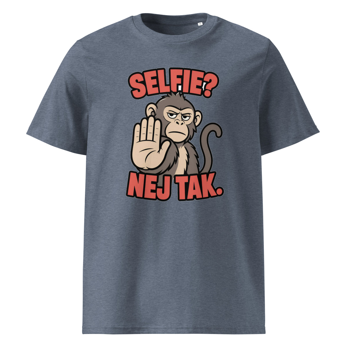 Sjov abe t-shirt med teksten Selfie? Nej tak. i farven blågrå meleret, set forfra
