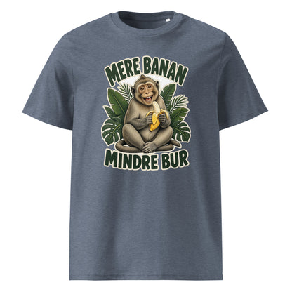 Abe t-shirt med teksten Mere banan, mindre bur i farven blågrå meleret, set forfra