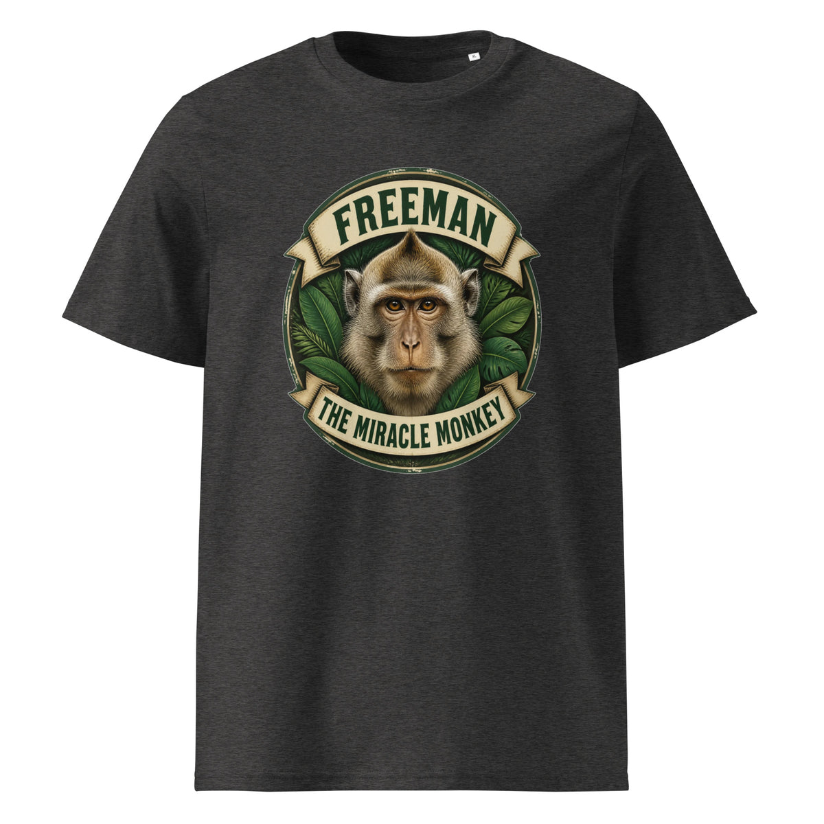 Freeman The Miracle Monkey t-shirt med abe i grønt badge i farven mørkegrå meleret, set forfra