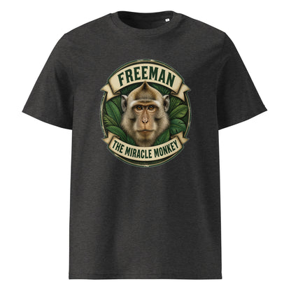 Freeman The Miracle Monkey t-shirt med abe i grønt badge i farven mørkegrå meleret, set forfra