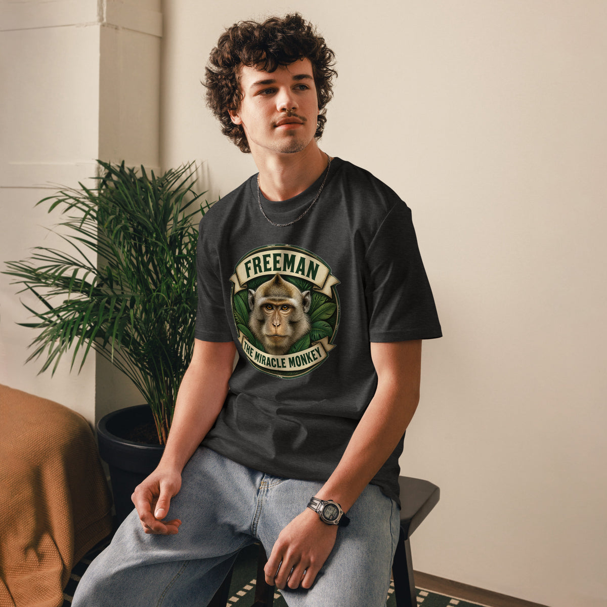 Freeman The Miracle Monkey t-shirt med abe i grønt badge i farven mørkegrå meleret, båret af en ung mand