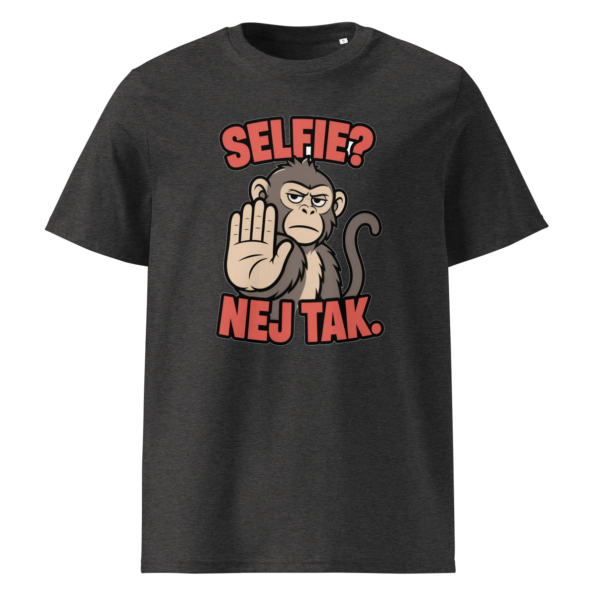 Sjov abe t-shirt med teksten Selfie? Nej tak. i farven mørkegrå meleret, set forfra