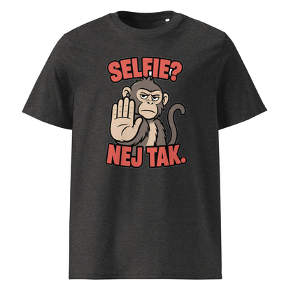 Sjov abe t-shirt med teksten Selfie? Nej tak. i farven mørkegrå meleret, set forfra