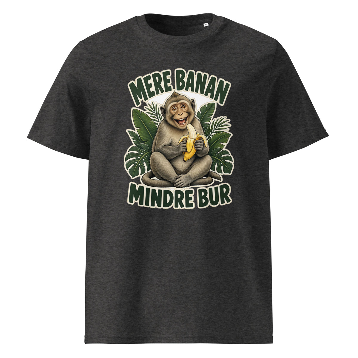 Abe t-shirt med teksten Mere banan, mindre bur i farven mørkegrå meleret, set forfra