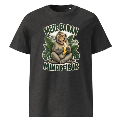 Abe t-shirt med teksten Mere banan, mindre bur i farven mørkegrå meleret, set forfra