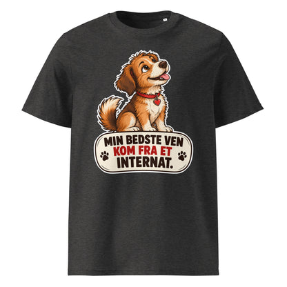 Mørkegrå t-shirt med hund og teksten Min bedste ven kom fra et internat