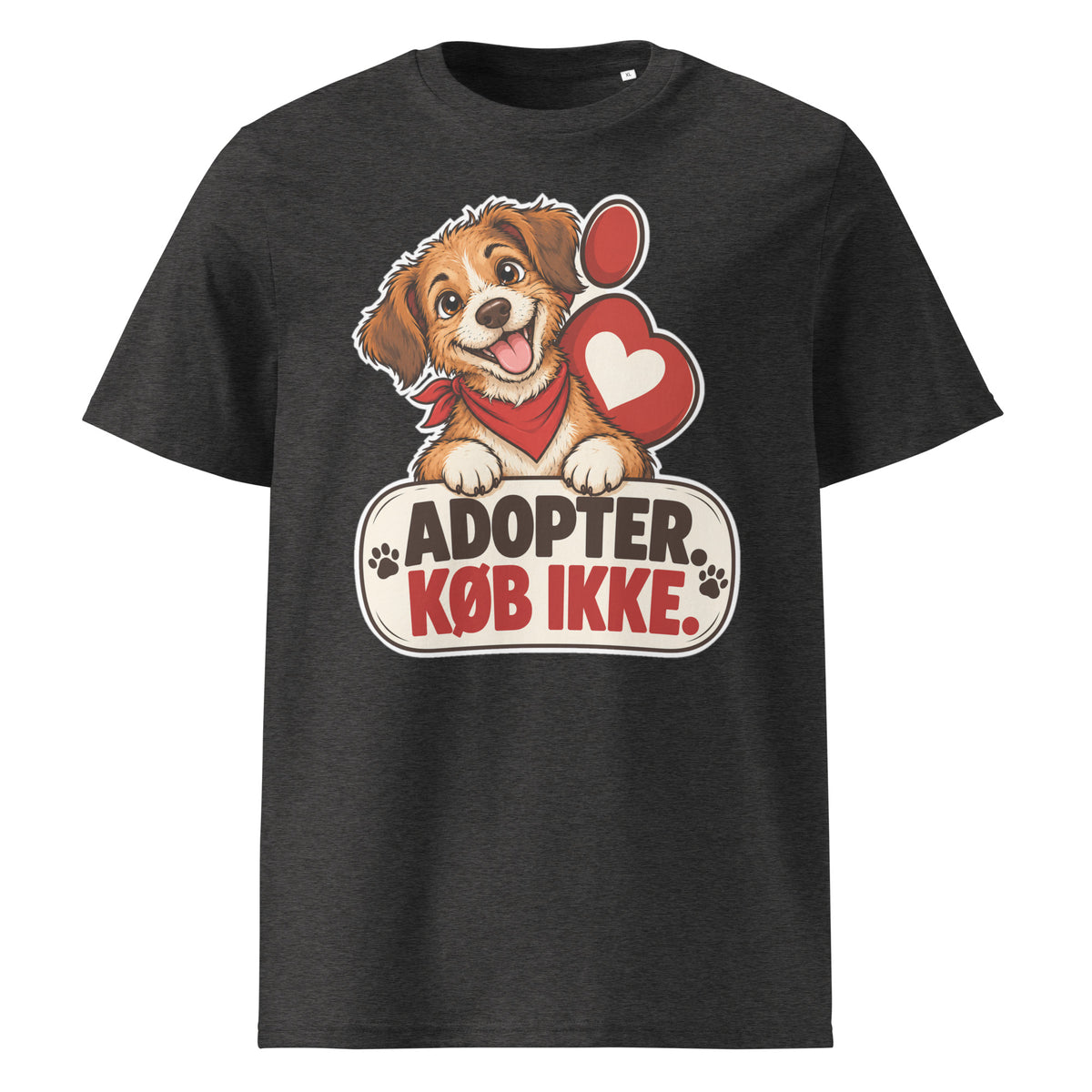 Mørkegrå t-shirt med hund og teksten Adopter. Køb ikke