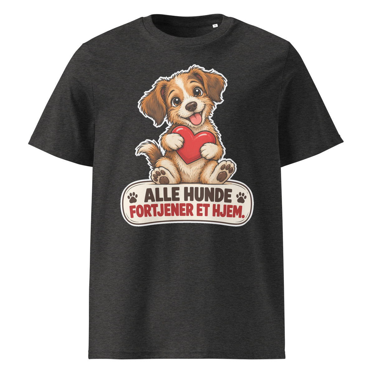 Mørkegrå t-shirt med hund og teksten Alle hunde fortjener et hjem