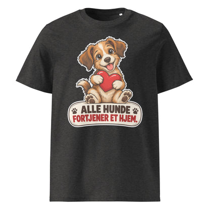 Mørkegrå t-shirt med hund og teksten Alle hunde fortjener et hjem