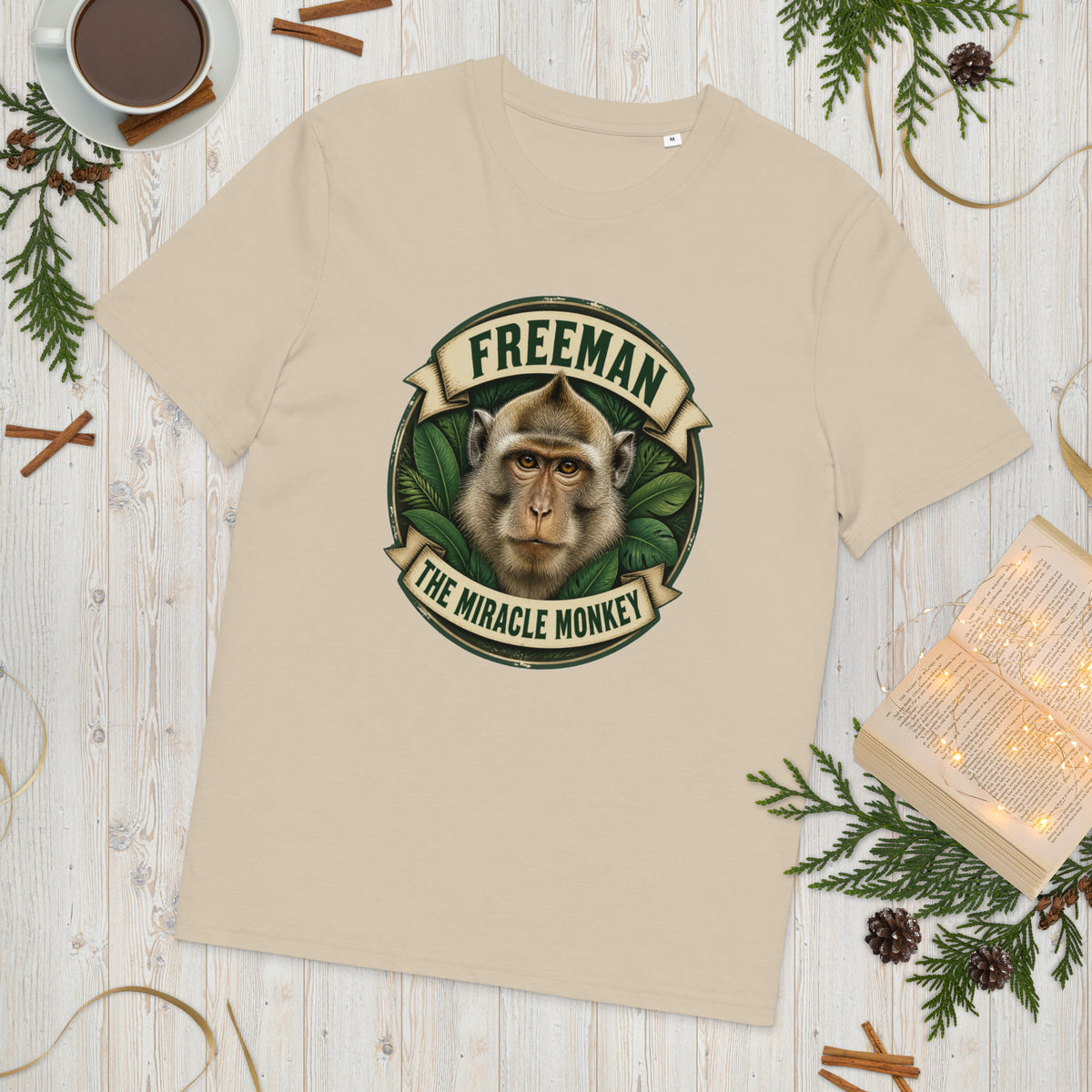 Freeman The Miracle Monkey t-shirt med abe i grønt badge i farven sand, lagt på et lyst træbord
