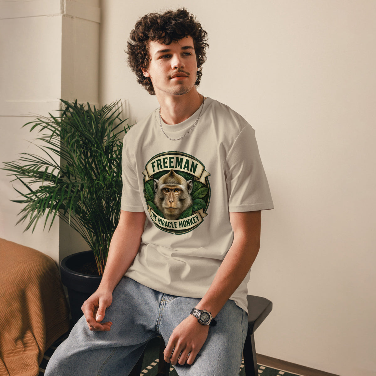 Freeman The Miracle Monkey t-shirt med abe i grønt badge i farven sand, båret af en ung mand