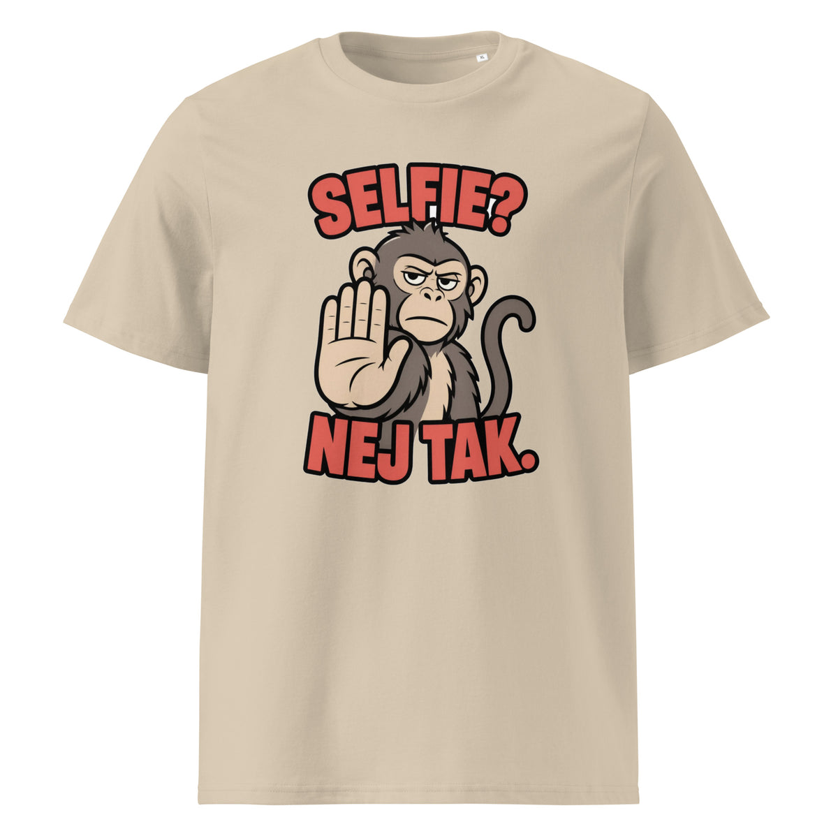 Sjov abe t-shirt med teksten Selfie? Nej tak. i farven sand, set forfra