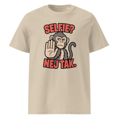 Sjov abe t-shirt med teksten Selfie? Nej tak. i farven sand, set forfra