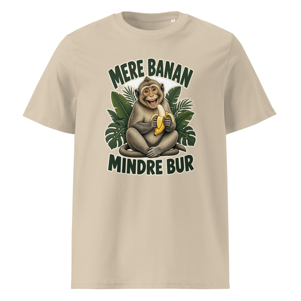 Abe t-shirt med teksten Mere banan, mindre bur i farven sand, set forfra