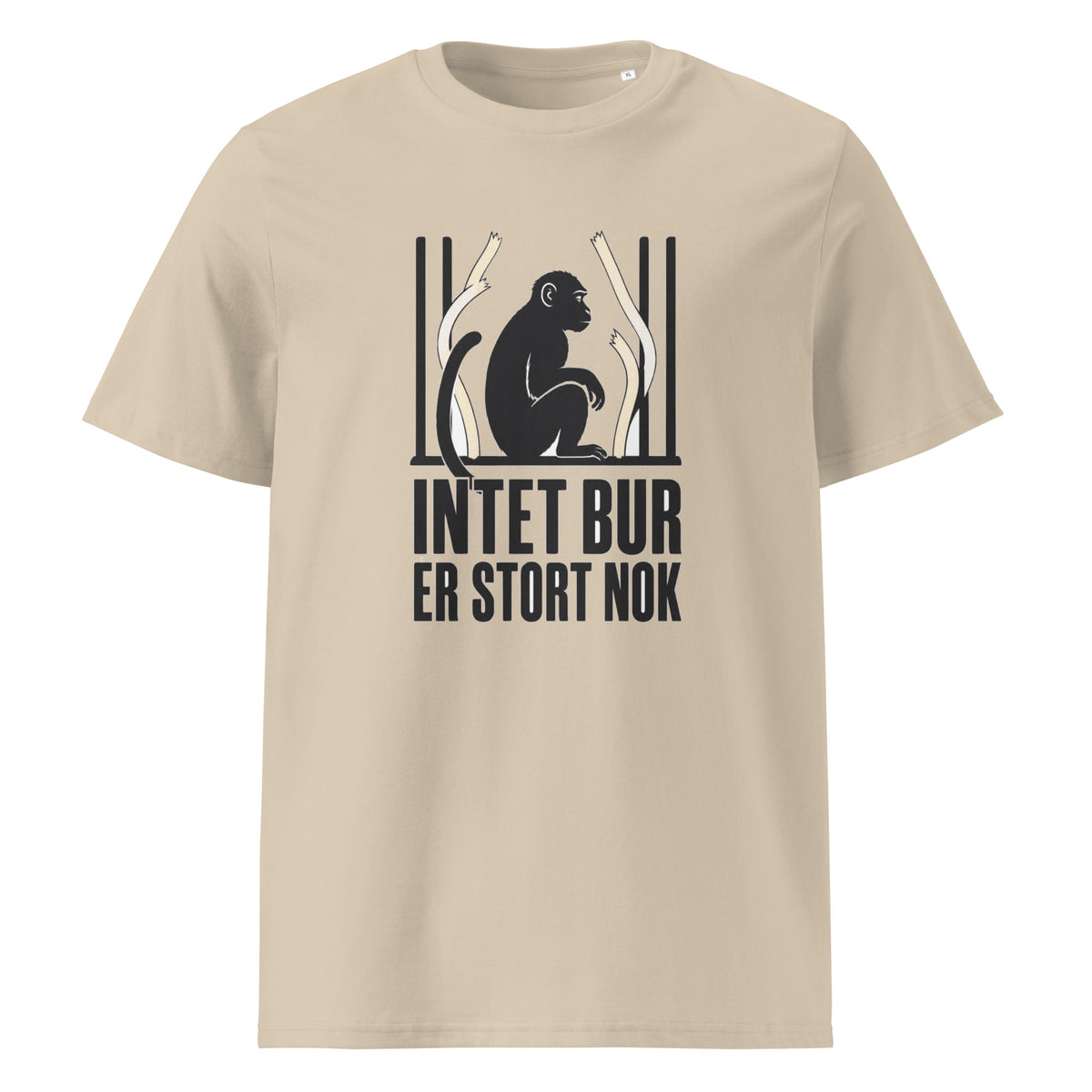T-shirt med teksten Intet bur er stort nok i farven sand, set forfra