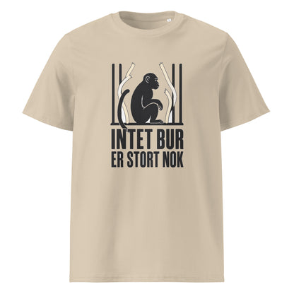 T-shirt med teksten Intet bur er stort nok i farven sand, set forfra