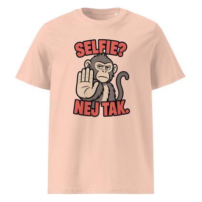 Sjov abe t-shirt med teksten Selfie? Nej tak. i farven fersken, set forfra