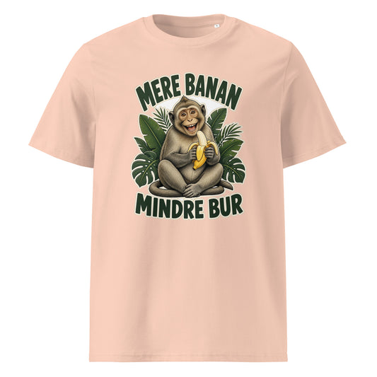 Abe t-shirt med teksten Mere banan, mindre bur i farven fersken, set forfra