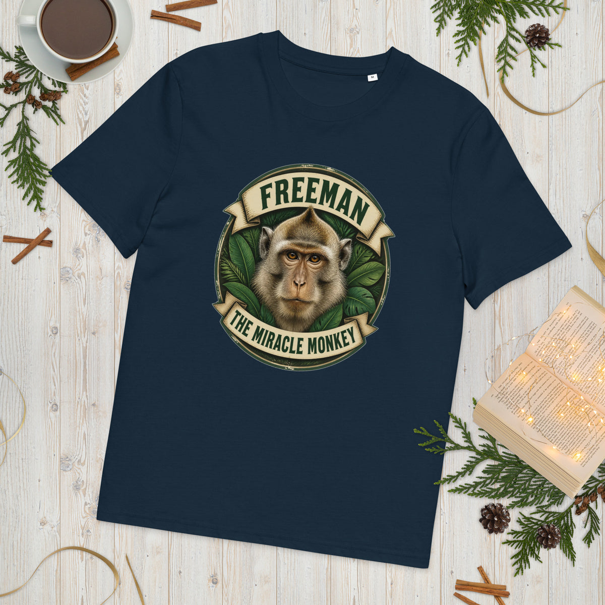 Freeman The Miracle Monkey t-shirt med abe i grønt badge i farven marineblå, lagt på et lyst træbord